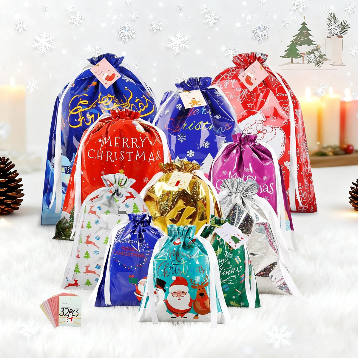 Christmas Cheer Drawstring Gift Bags