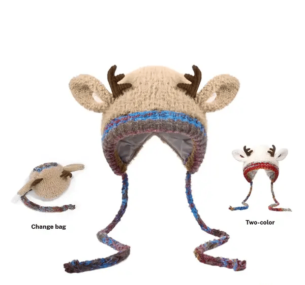 🔥 Warm Fluffy Christmas Reindeer Antler Hat | Cute 2-in-1 Wear