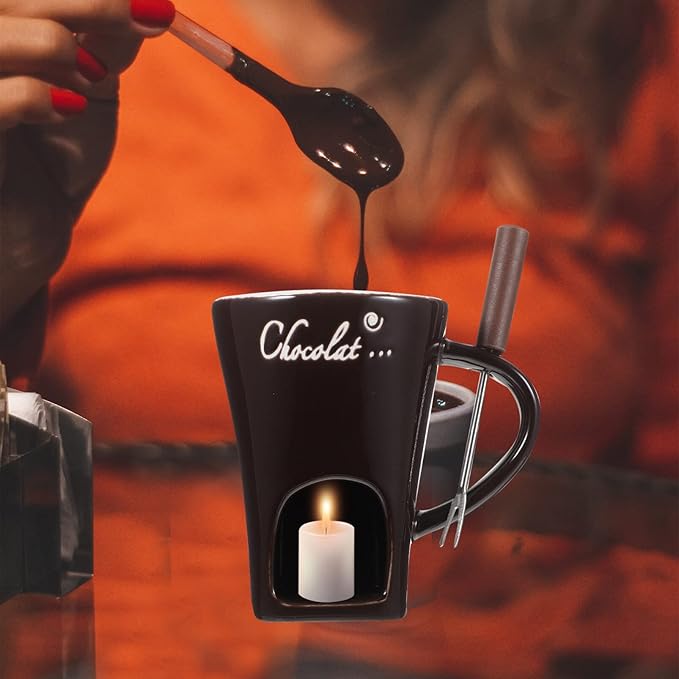 Ceramic Fondue Set – Chocolate, Cheese & Butter Melting Pot with Fork and Tealight Candle