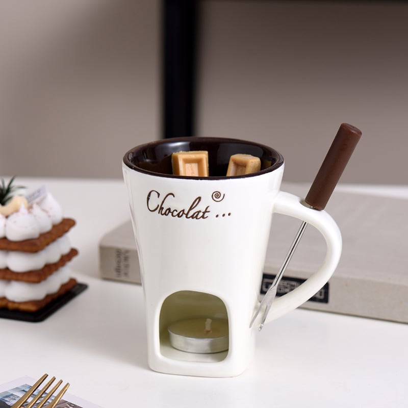 Ceramic Fondue Set – Chocolate, Cheese & Butter Melting Pot with Fork and Tealight Candle