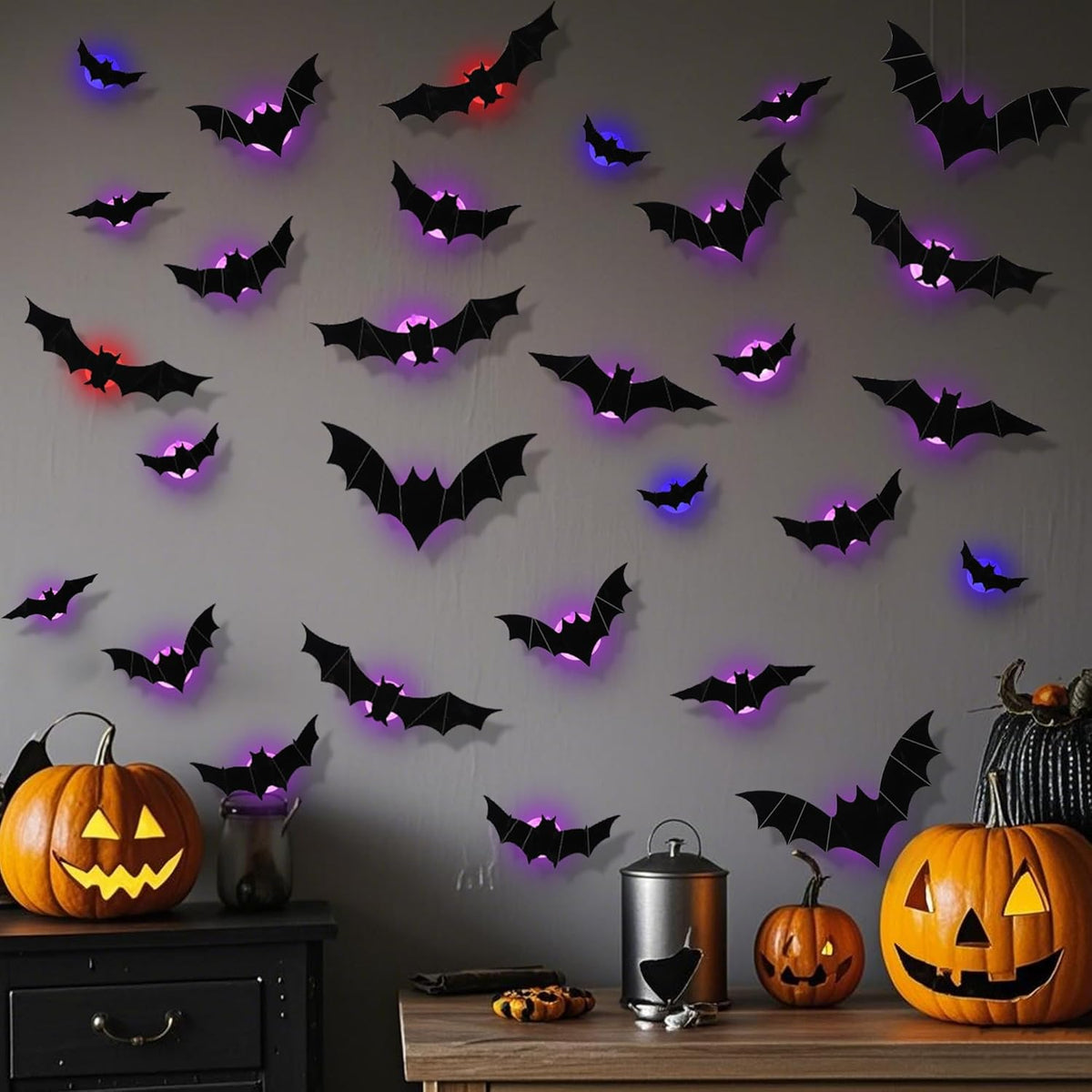 Halloween Bats Wall Decor with Lights – 3D Spooky Stickers for Home