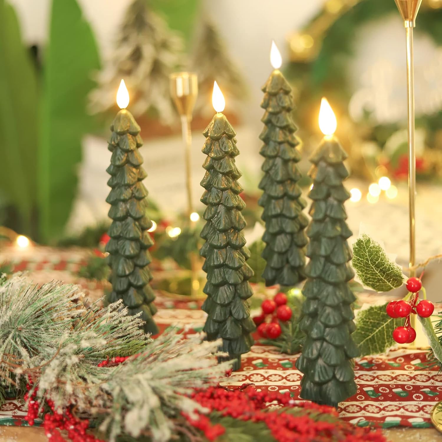 LED Green Tree Taper Candle Stick Set