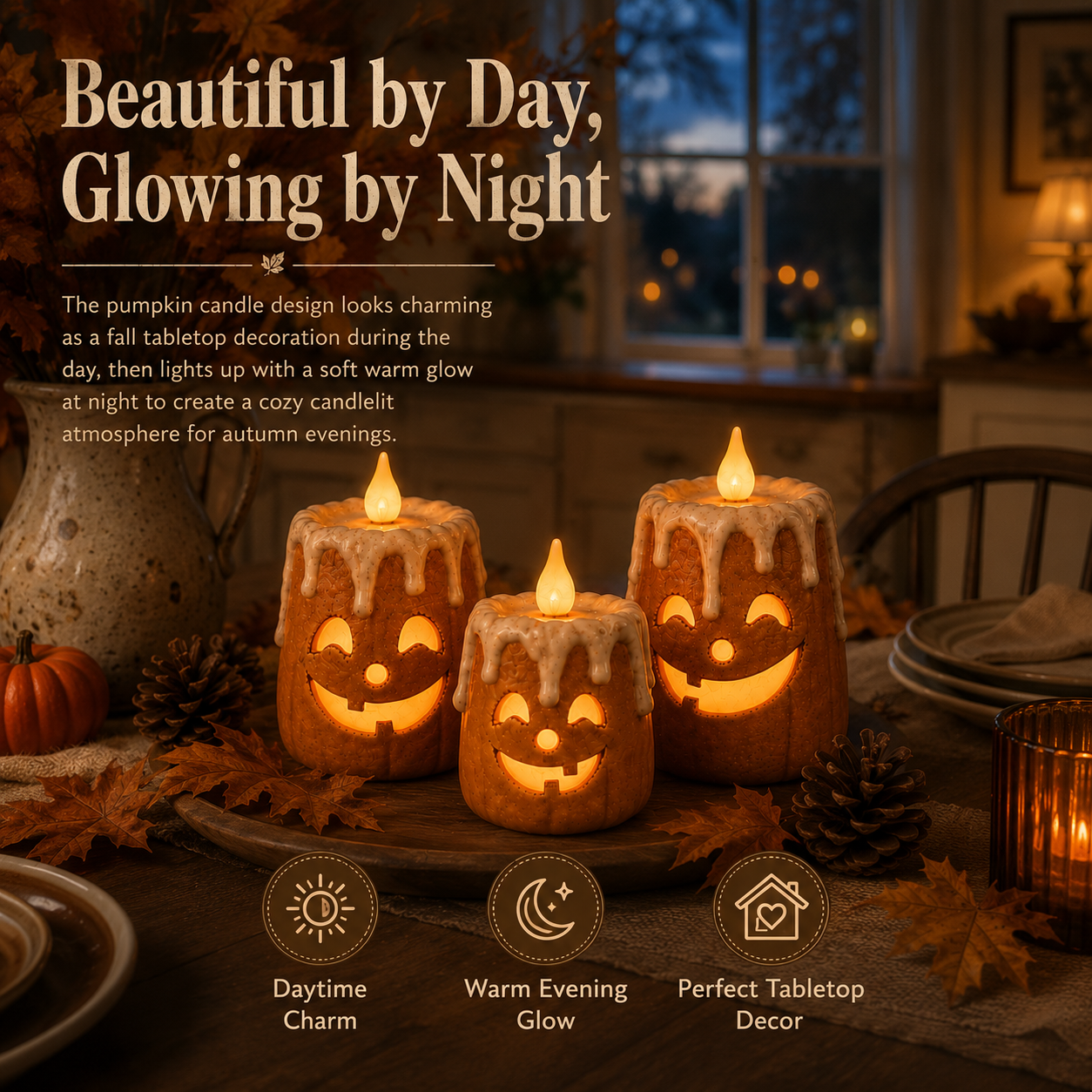 Zorveko 3-Piece Set Cozy Lighted Pumpkin Candles 7