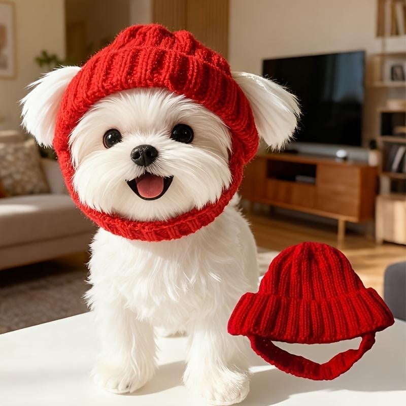 🔥 BUY 2 GET 1 FREE - 🐾Red Wool Knit Dog Beanie with Ear Flaps – Warm Winter Hat