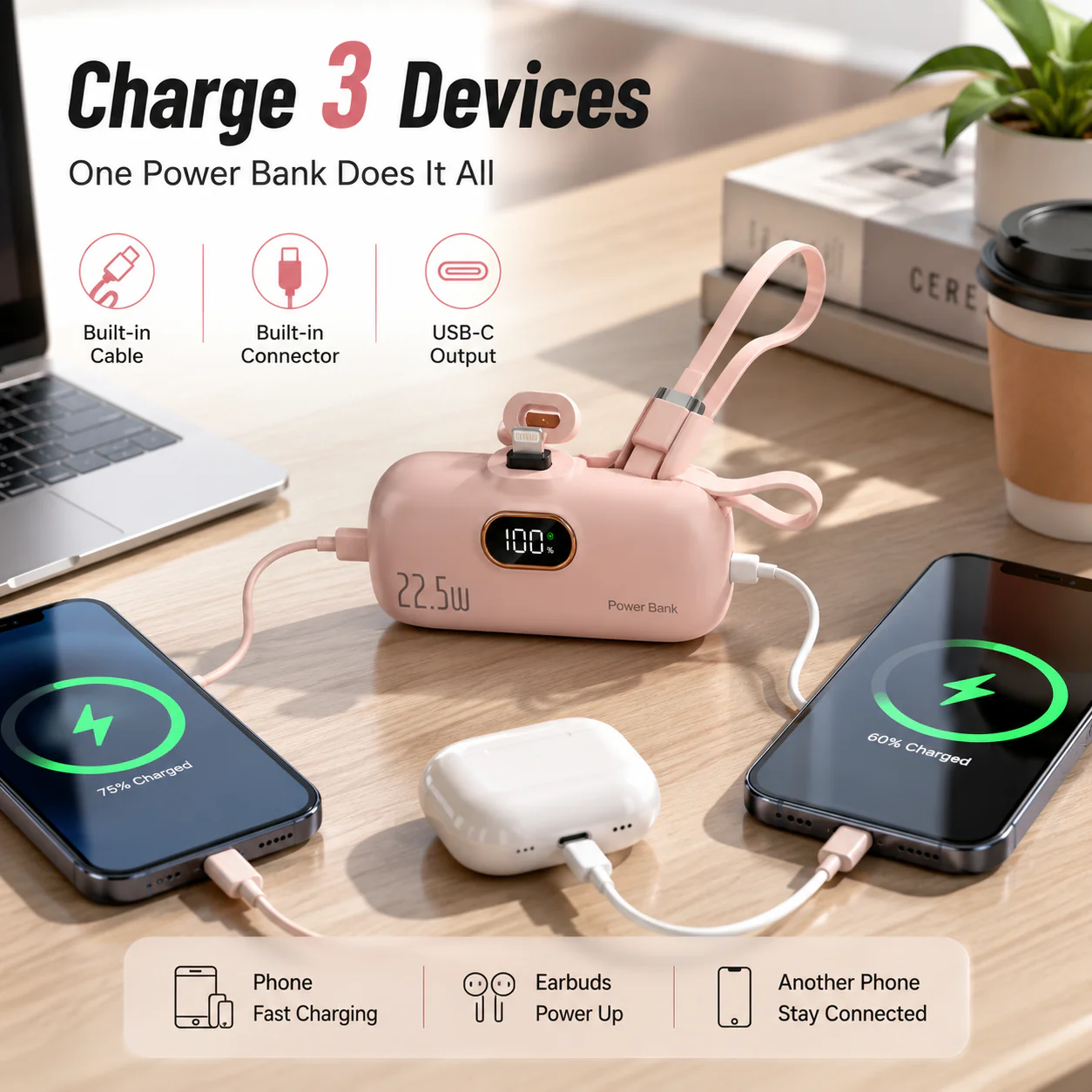 Zorveko pocket power bank with built in cable 22-5W fast charging 6