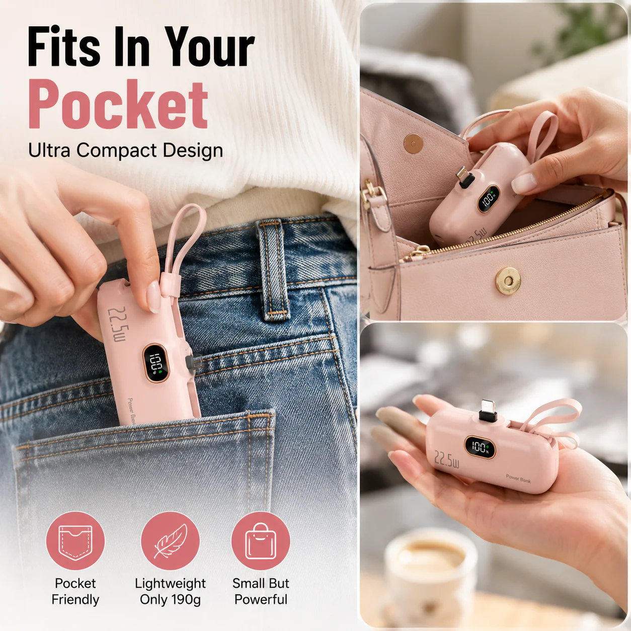 Zorveko pocket power bank with built in cable 22-5W fast charging 16