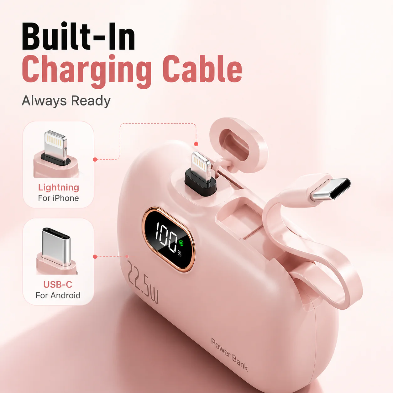 Zorveko pocket power bank with built in cable 22-5W fast charging 5