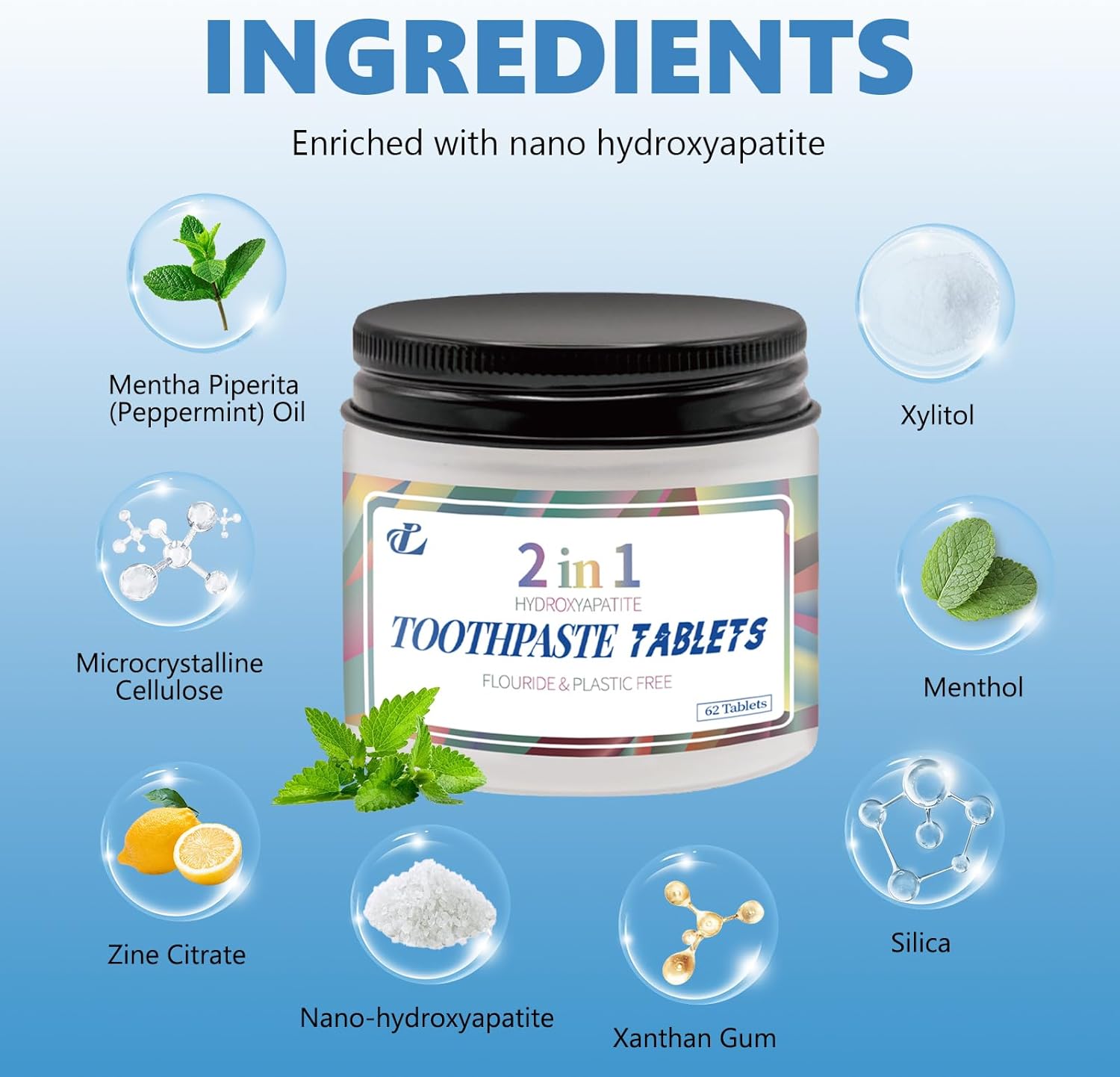 Zorveko 2-in-1 Toothpaste Tablets – Fresh Mint, Travel Jar (62 Ct) image_with_text_w3yGdp:image:0