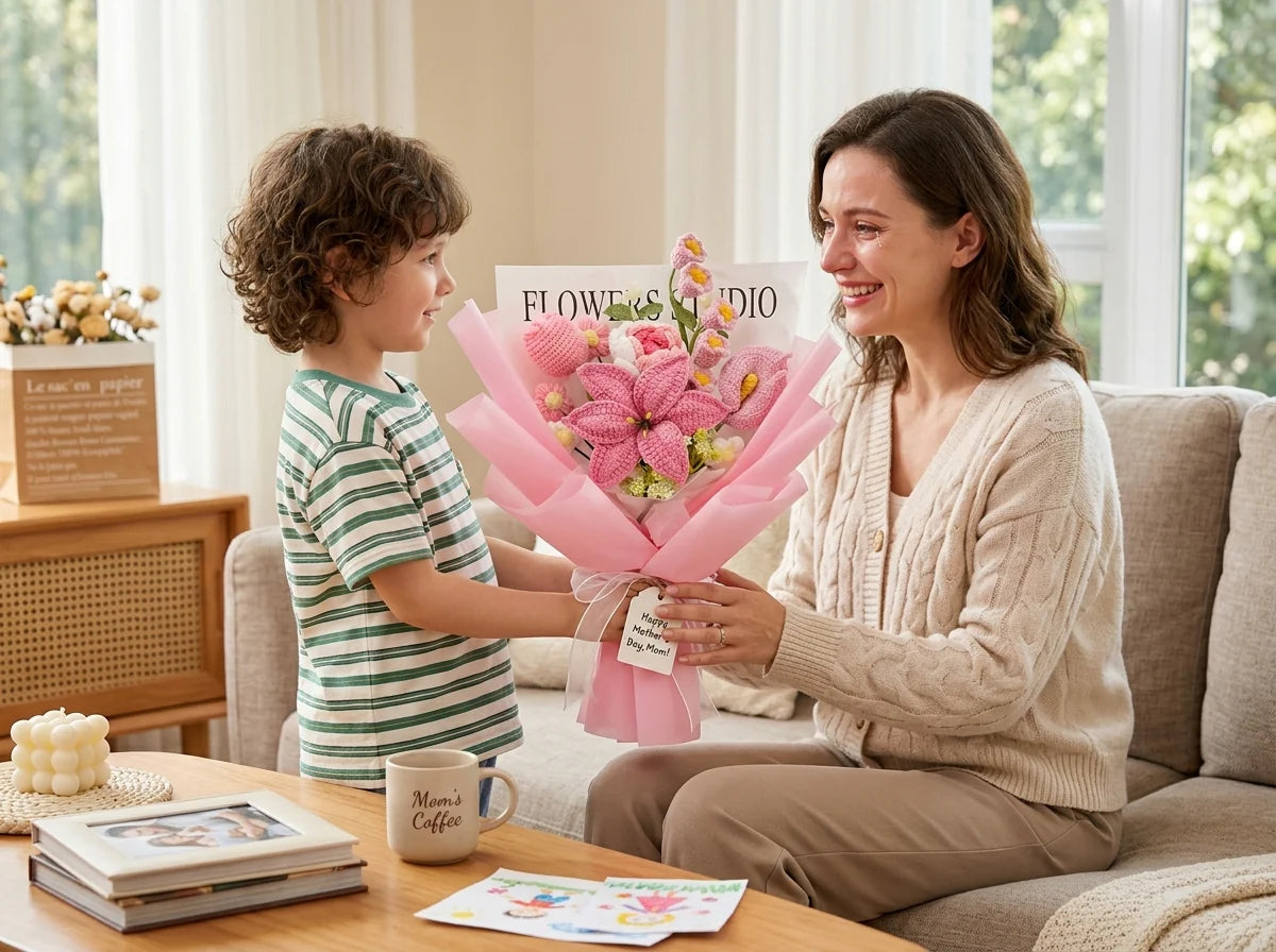Zorveko Mother’s Day Gift🌺 Pink Crochet Lily Rose Tulip Bouquet image_with_text_6L7DaR:image:0